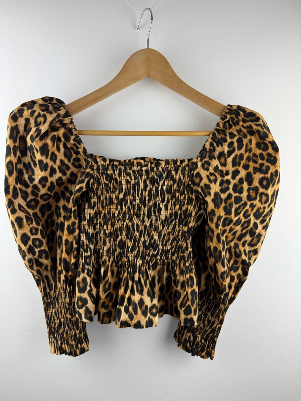 Zara Leopard Print Smocked Puff Sleeve Top Square Neck 100% Cotton Small